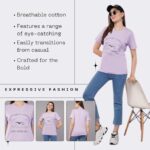 Women's Printed Cotton T-Shirt | Round Neck Half Sleeves | Regular Fit Summer T Shirt | Lavender Color - Image 3