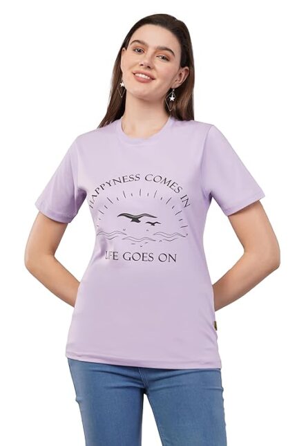 Women's Printed Cotton T-Shirt | Round Neck Half Sleeves | Regular Fit Summer T Shirt | Lavender Color