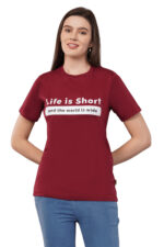 Women T-Shirt Pattern Printed(Believe) Round Neck Half Sleeves Solid Maroon Color