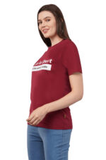 Women T-Shirt Pattern Printed(Believe) Round Neck Half Sleeves Solid Maroon Color - Image 2