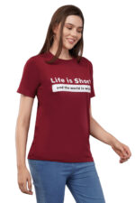 Women T-Shirt Pattern Printed(Believe) Round Neck Half Sleeves Solid Maroon Color - Image 3