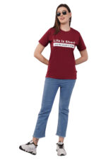 Women T-Shirt Pattern Printed(Believe) Round Neck Half Sleeves Solid Maroon Color - Image 6