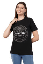 Women T-Shirt Pattern Printed(Limited) Round Neck Half Sleeves Solid Black Color