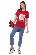 Women T-Shirt Pattern Printed(Believe) Round Neck Half Sleeves Solid Red Color - Image 2