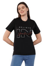 Women T-Shirt Pattern Printed(Believe) Round Neck Half Sleeves Solid Black Color