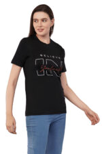 Women T-Shirt Pattern Printed(Believe) Round Neck Half Sleeves Solid Black Color - Image 2