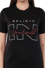 Women T-Shirt Pattern Printed(Believe) Round Neck Half Sleeves Solid Black Color - Image 3
