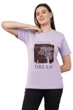 Women T-Shirt Pattern Printed(Believe) Round Neck Half Sleeves Solid Lavender Color