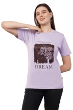 Women T-Shirt Pattern Printed(Believe) Round Neck Half Sleeves Solid Lavender Color - Image 2