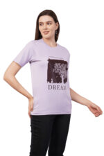 Women T-Shirt Pattern Printed(Believe) Round Neck Half Sleeves Solid Lavender Color - Image 4