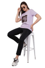 Women T-Shirt Pattern Printed(Believe) Round Neck Half Sleeves Solid Lavender Color - Image 7
