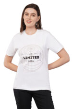Women T-Shirt Pattern Printed(Believe) Round Neck Half Sleeves Solid White Color