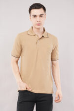 Agatelier Men Khaki/Camel Solid Polo Collar T-Shirt with Contrast Knit Trim - Image 6