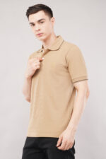 Agatelier Men Khaki/Camel Solid Polo Collar T-Shirt with Contrast Knit Trim - Image 5