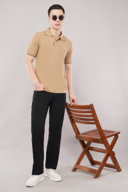 Agatelier Men's Khaki/Camel Solid Polo Collar T-Shirt with Contrast Knit Trim
