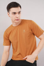 Men's premium rust orange crew neck t-shirt with subtle branding