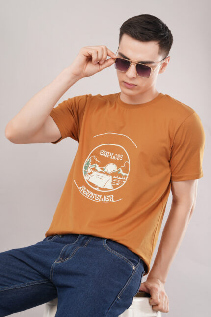 Rust brown oversized printed t-shirt for men with sunglasses